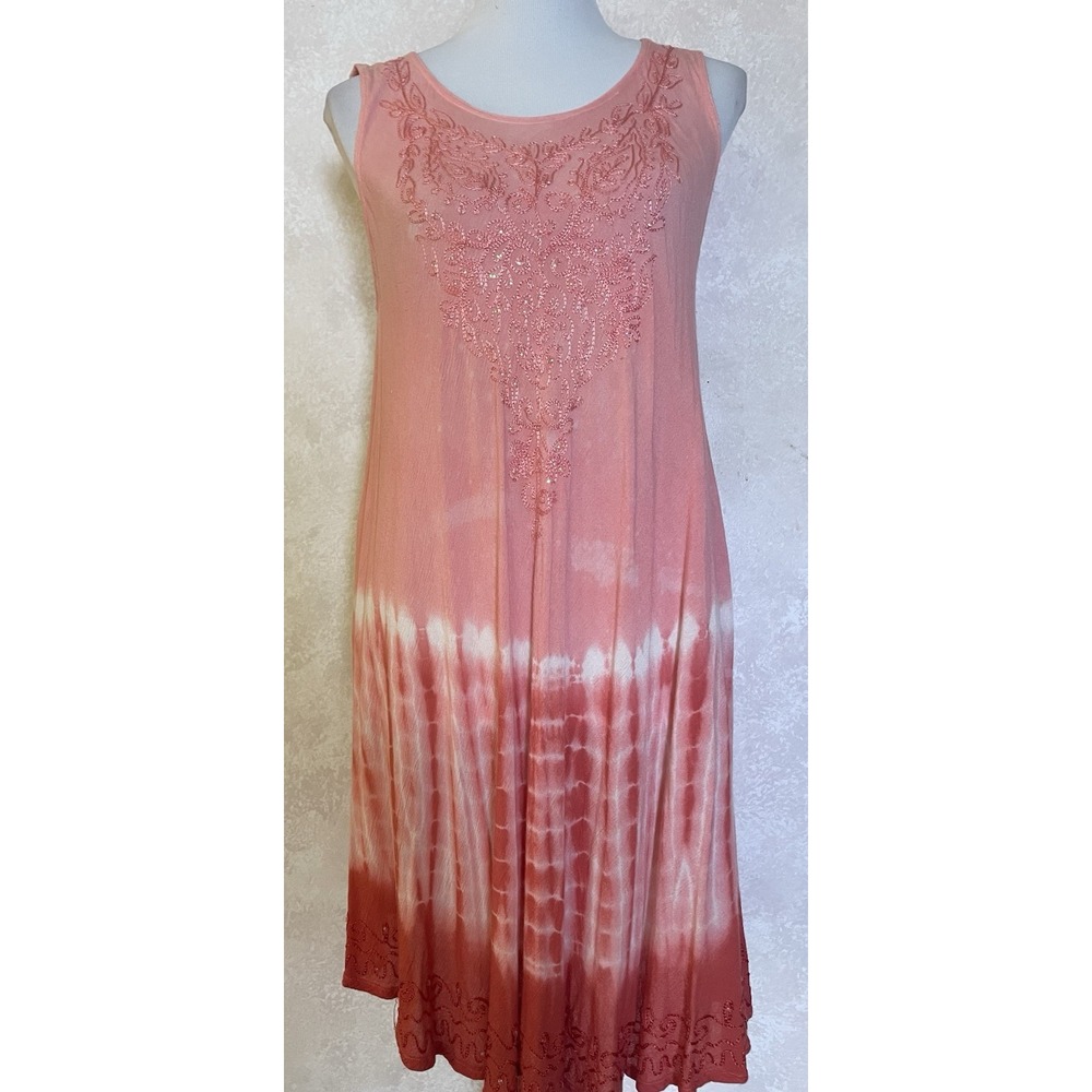 Rainbow Rayon Midi Sundress OSFM Orange Embroidery Sequins Sleeveless Beach Boho